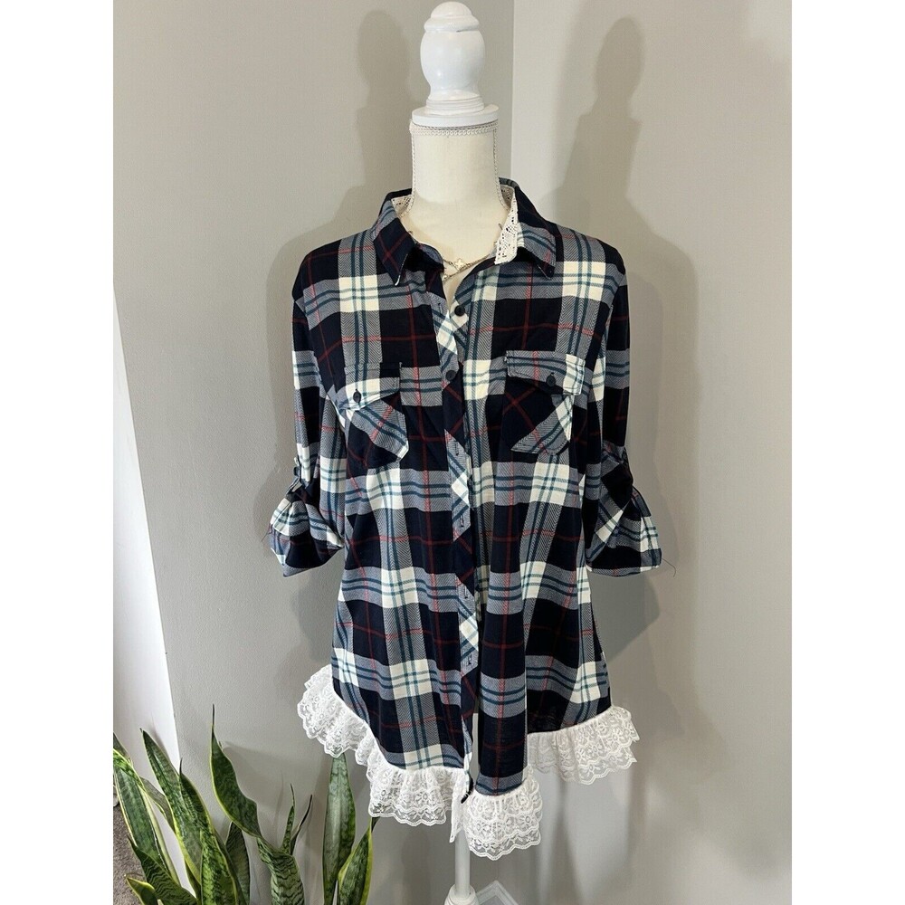 Love Potion Womens Shirt Large Navy Blue Plaid Button Down Lace Detail